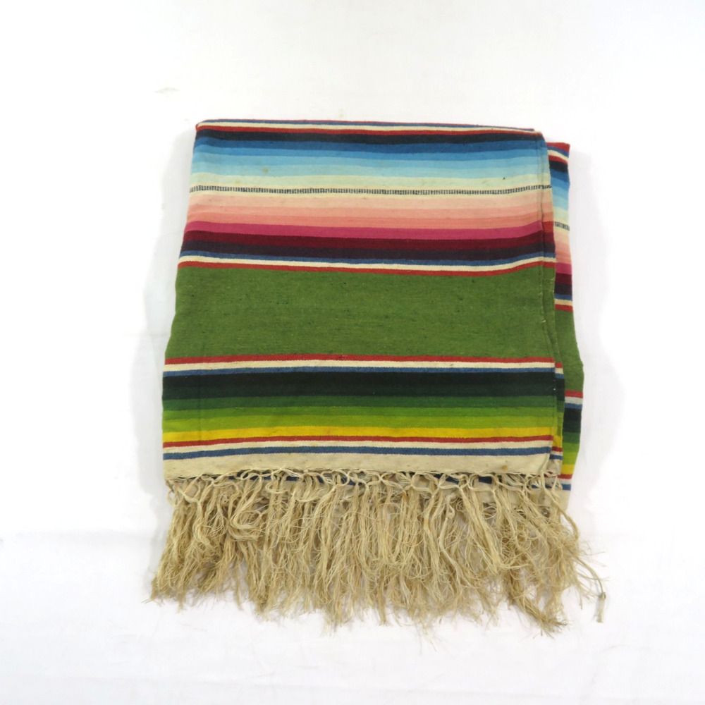 Serape Saltillo Mexican Multi Colored Fringe Wool Blanket 91x62 1/2 Vintage
